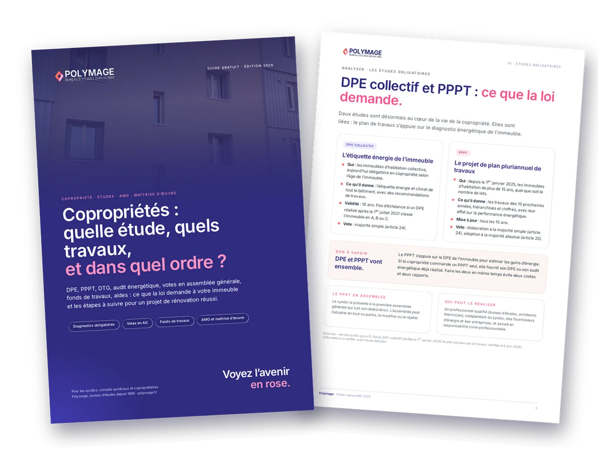 Couverture et page intérieure du guide copropriété Polymage